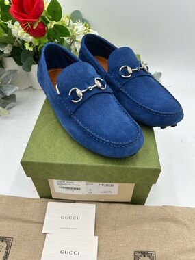 Men's Gucci horse bit Driver loafers in royal blue size 8 fits 8.5 US made Italy